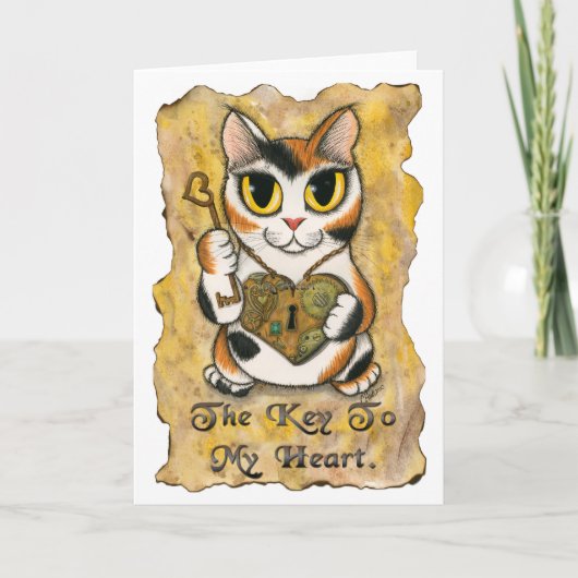 Steampunk Valentine Cat Heart Locket Key Art Card Feestdagen Kaart (Voorkant)