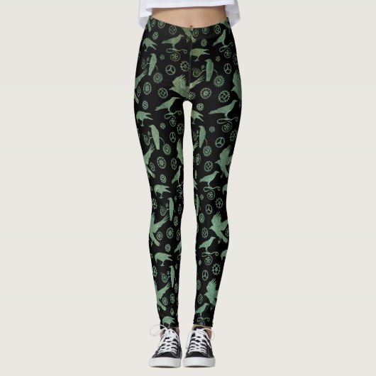 Steampunk Verdigris Bronze Crows en Gears Leggings (Voorkant)