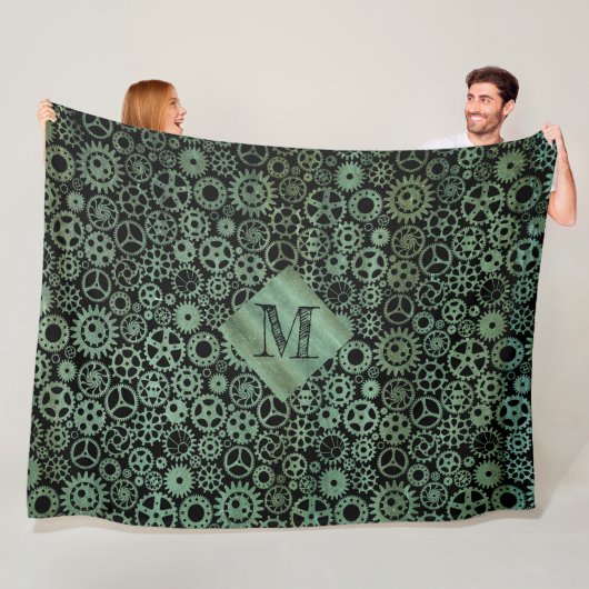 Steampunk Verdigris Bronze Gears Aangepast monogra Fleece Deken (In situ)