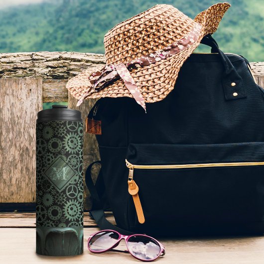 Steampunk Verdigris Bronze Gears Aangepast monogra Thermosbeker