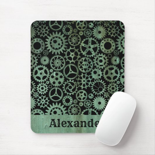 Steampunk Verdigris Bronze Gears Aangepaste naam Muismat (Met muis)