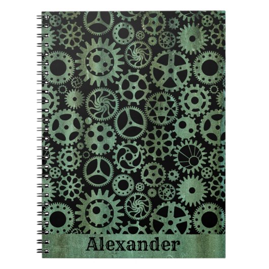 Steampunk Verdigris Bronze Gears Aangepaste naam Notitieboek (Voorkant)