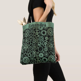 Steampunk Verdigris Bronze Gears Aangepaste naam Tote Bag
