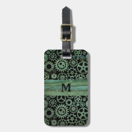 Steampunk Verdigris Bronze Gears Monogram Bagagelabel