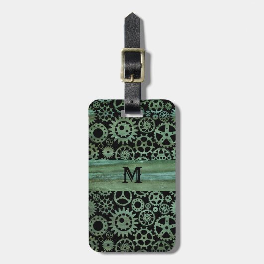 Steampunk Verdigris Bronze Gears Monogram Bagagelabel (Voorkant verticaal)
