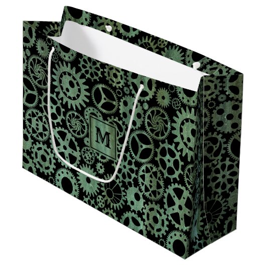 Steampunk Verdigris Bronze Gears Monogram Blok Groot Cadeauzakje (Voorkant Gekanteld)
