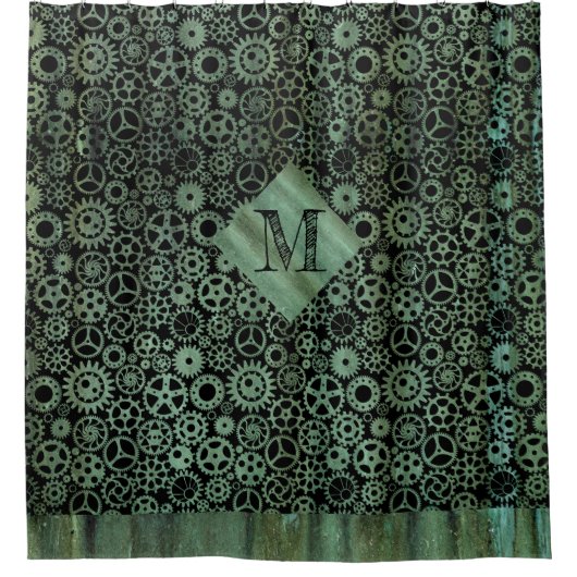 Steampunk Verdigris Bronze Gears Monogram Douchegordijn (Voorkant)