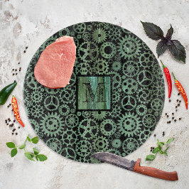 Steampunk Verdigris Bronze Gears Monogram Snijplank