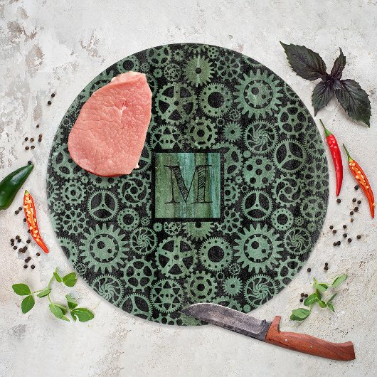 Steampunk Verdigris Bronze Gears Monogram Snijplank
