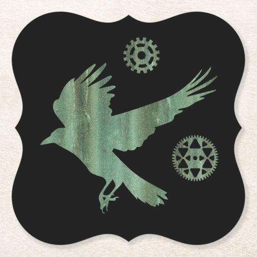 Steampunk Verdigris Flying Crow and Gears Kartonnen Onderzetters (Voorkant)