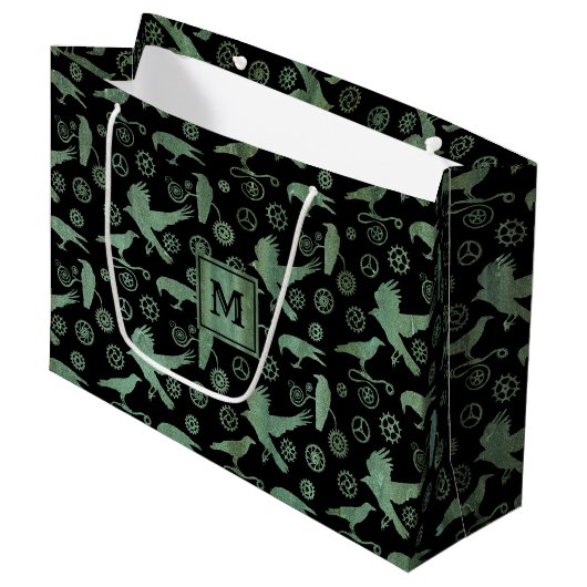 Steampunk Verdigris Gears en Crows Monogram Block Groot Cadeauzakje (Voorkant Gekanteld)