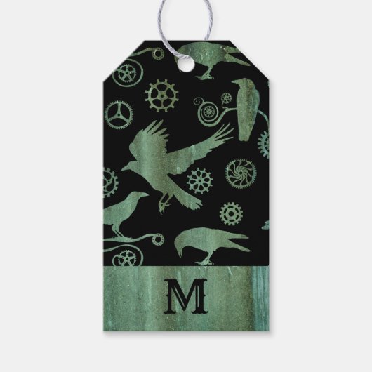 Steampunk Verdigris Gears en Crows Monogram Cadeaulabel (Voorkant)