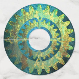 Steampunk Verdigris Rusty Cogwheels Wijnglaslabel
