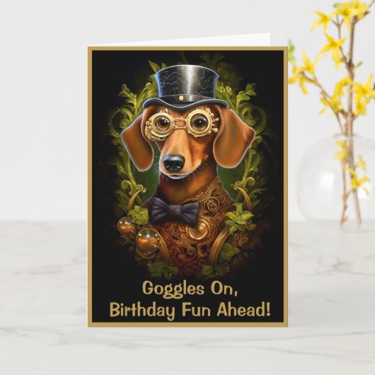 Steampunk Verjaardag Worst Hond Aangepaste Naam 14 Kaart (Gele Bloem)