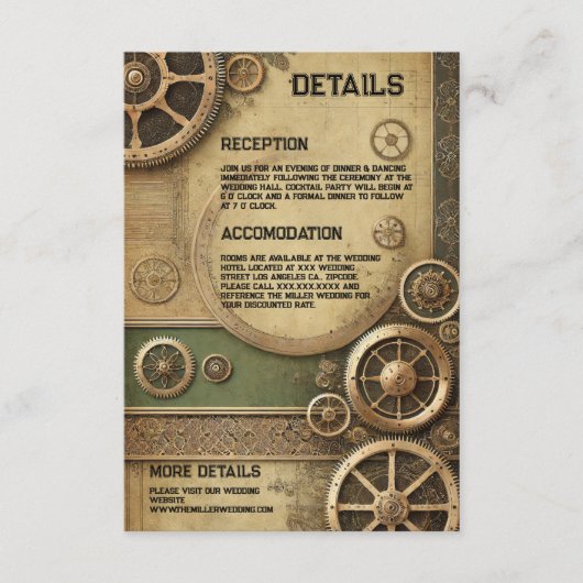 Steampunk Victoriaans Gearwork Wedding Informatiekaartje (Voorkant)