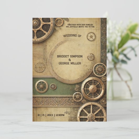 Steampunk Victoriaans Gearwork Wedding Kaart (Staand voorkant)
