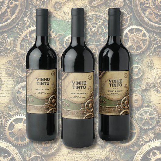 Steampunk Victoriaans Gearwork Wedding Wijn Etiket