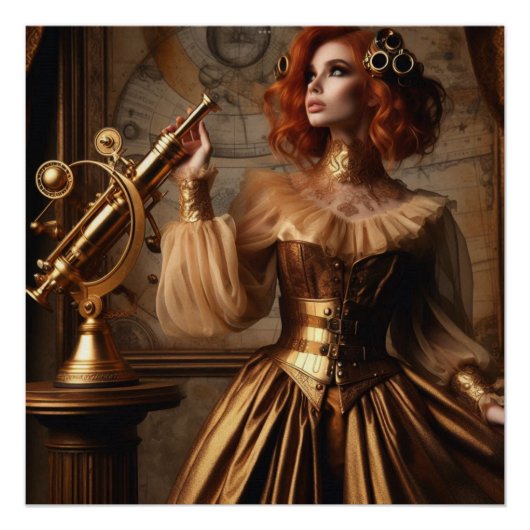 Steampunk Victoriaans Gold Astronomer Perfect Poster (Voorkant)