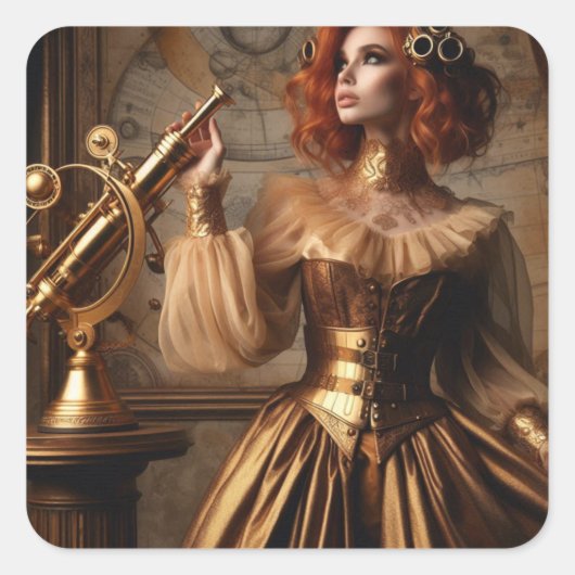 Steampunk Victoriaans Gold Astronomer Vierkante Sticker (Voorkant)