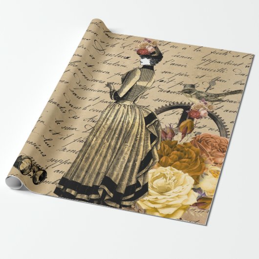 Steampunk Victoriaans Goud Script Lady Woman Bird Cadeaupapier (Uitgerold)