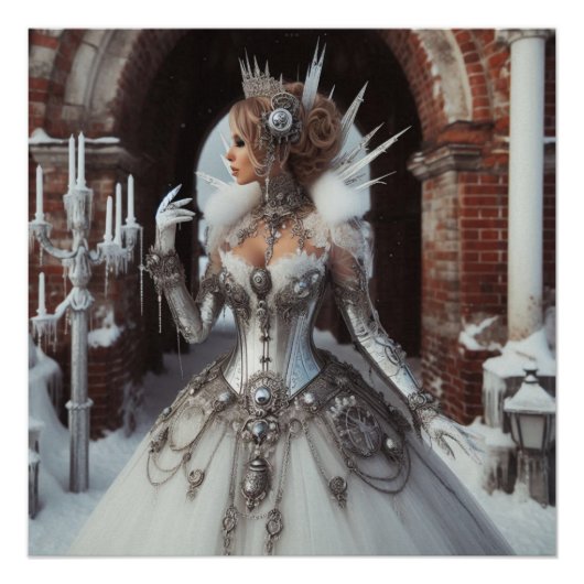 Steampunk Victoriaans Industriële Winter Ice Queen Perfect Poster (Voorkant)