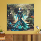 Steampunk  Victoriaans Lady Blauwgroen Zeemeermin Canvas Afdruk (Insitu (Woonkamer))