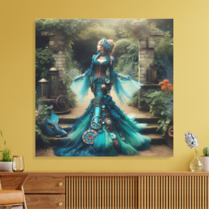 Steampunk  Victoriaans Lady Blauwgroen Zeemeermin Canvas Afdruk