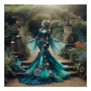 Steampunk  Victoriaans Lady Blauwgroen Zeemeermin Perfect Poster