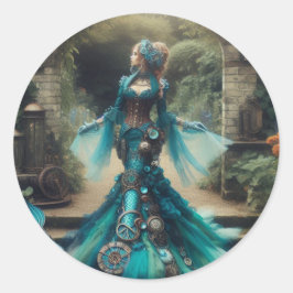 Steampunk  Victoriaans Lady Blauwgroen Zeemeermin Ronde Sticker