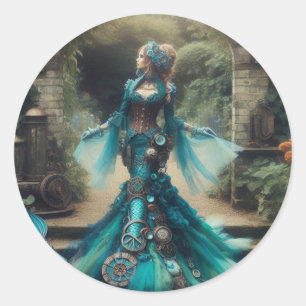 Steampunk Victoriaans Lady Blauwgroen Zeemeermin Ronde Sticker