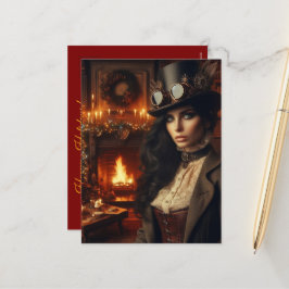 Steampunk Victoriaans Lady Christmas Red Feestdagenkaart
