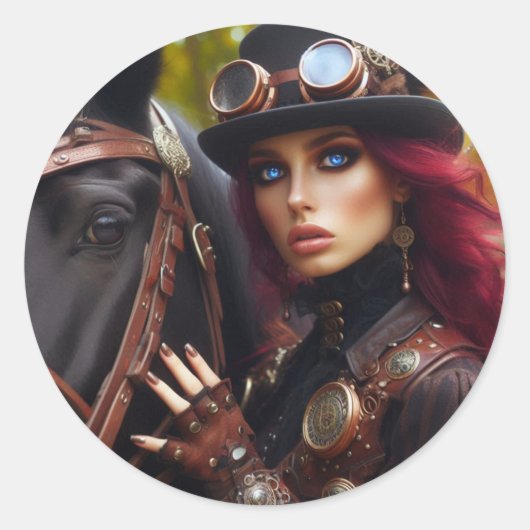 Steampunk Victoriaans Lady Dark Rider Ronde Sticker (Voorkant)