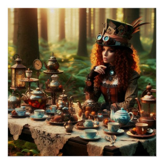 Steampunk  Victoriaans Lady Mad Hatter Perfect Poster (Voorkant)
