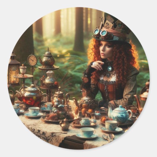 Steampunk  Victoriaans Lady Mad Hatter Ronde Sticker (Voorkant)