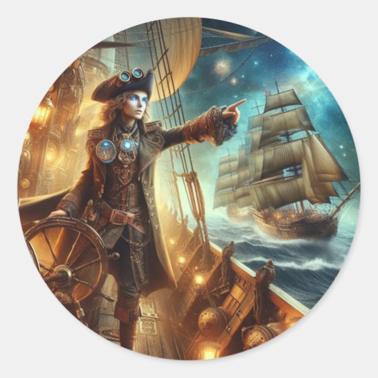 Steampunk  Victoriaans Oceaan Space Pirate Ronde Sticker (Voorkant)