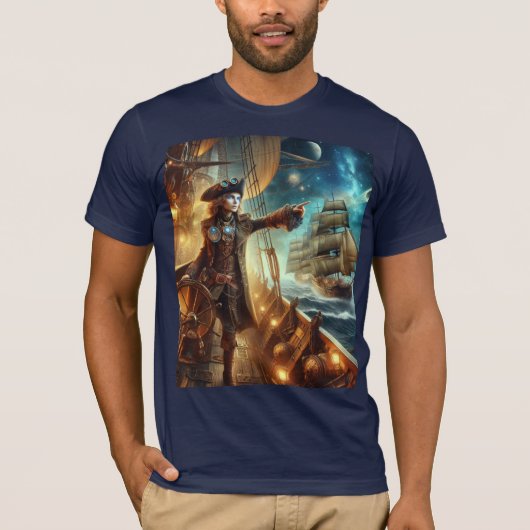 Steampunk  Victoriaans Oceaan Space Pirate T-shirt (Voorkant)