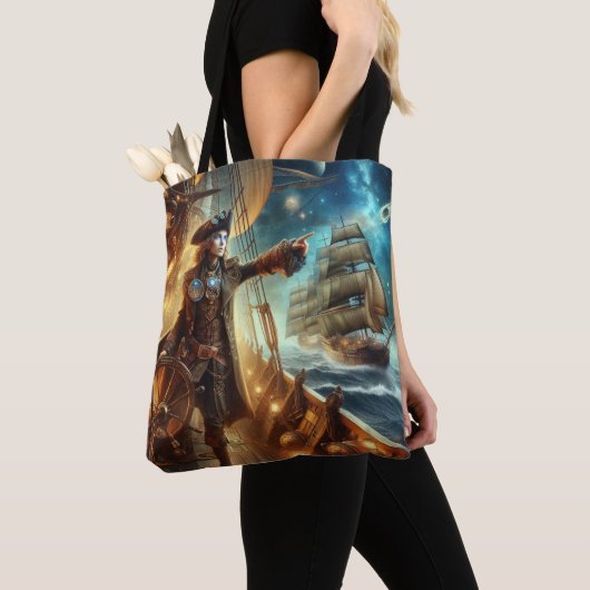 Steampunk  Victoriaans Oceaan Space Pirate Tote Bag (Dichtbij)