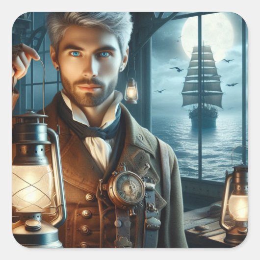 Steampunk Victoriaans vuurtorenwachter Vierkante Sticker (Voorkant)