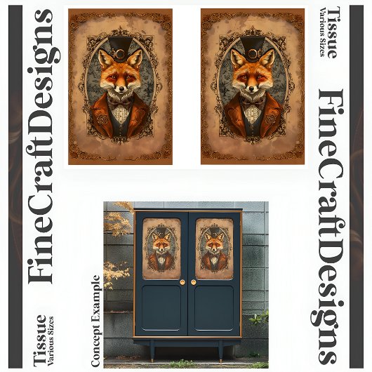 Steampunk Victoriaanse Elegante Vos A4LR Decoupage Tissuepapier
