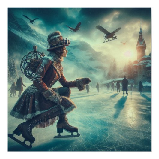 Steampunk Victorian Fantasy Winter Messenger Perfect Poster (Voorkant)