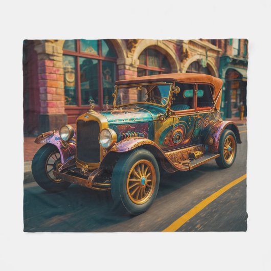 Steampunk Vintage Auto in de stad Fleece Deken (Voorkant (Horizontaal))