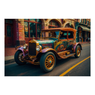 Steampunk Vintage Auto in de stad Perfect Poster