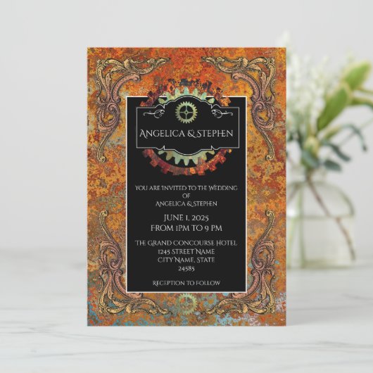 Steampunk Vintage bruiloft gepersonaliseerd Kaart (Staand voorkant)