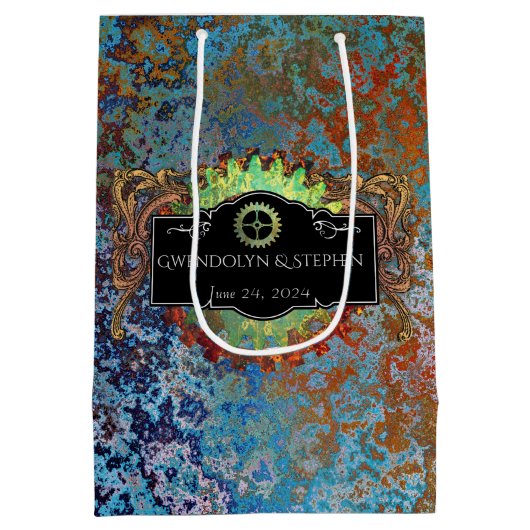 Steampunk Vintage bruiloft gepersonaliseerd Medium Cadeauzakje (Achterkant)