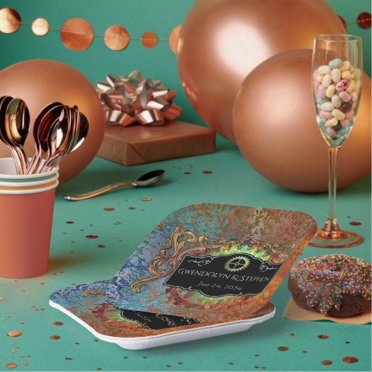 Steampunk Vintage bruiloft gepersonaliseerd Papieren Bordje (Multi)