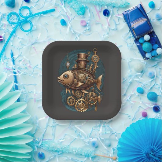 Steampunk Vis Retro Stijl Papieren Bordje (Feest)