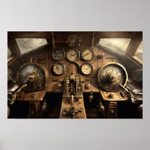 Steampunk vliegtuigcockpit poster