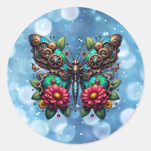 Steampunk vlinder met tandwielen en bloemen ronde sticker (Voorkant)