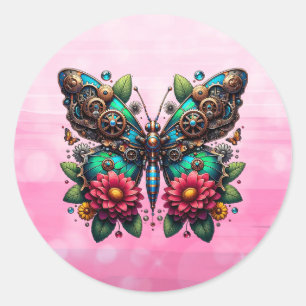 Steampunk vlinder met tandwielen en bloemen ronde sticker