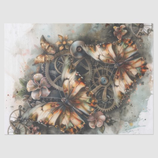 Steampunk Vlinders Bloemen en Gears Decoupage Tissuepapier (Voorkant)